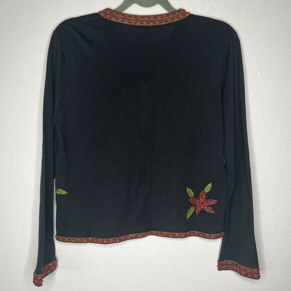 Silk Club Vintage Black Silk Cardigan Beaded Holiday Poinsettia size PM - Picture 4 of 6